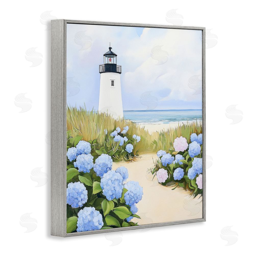 Sisi and Seb Hydrangea Path Leading to Lighthouse Gray Framed Giclee Wall Art
