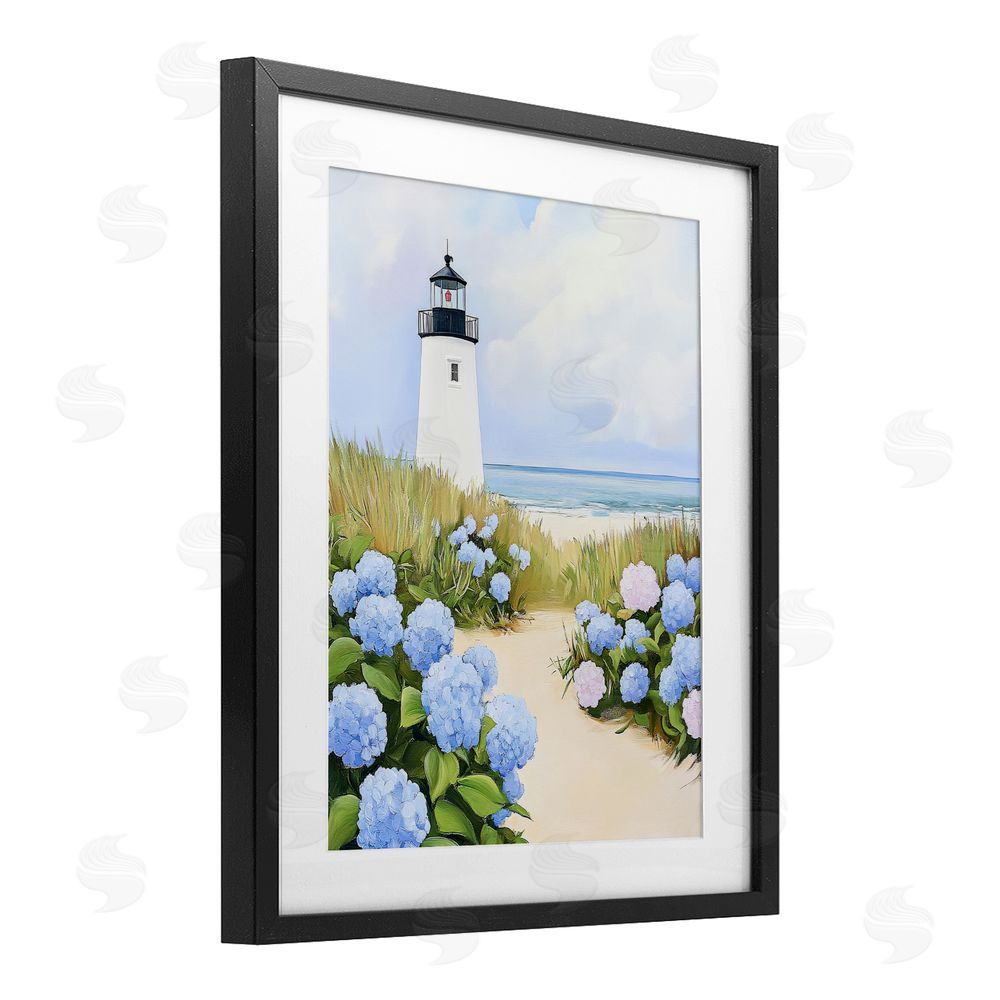 Sisi and Seb Hydrangea Path Leading to Lighthouse Black Framed Print Under Glass Wall Art