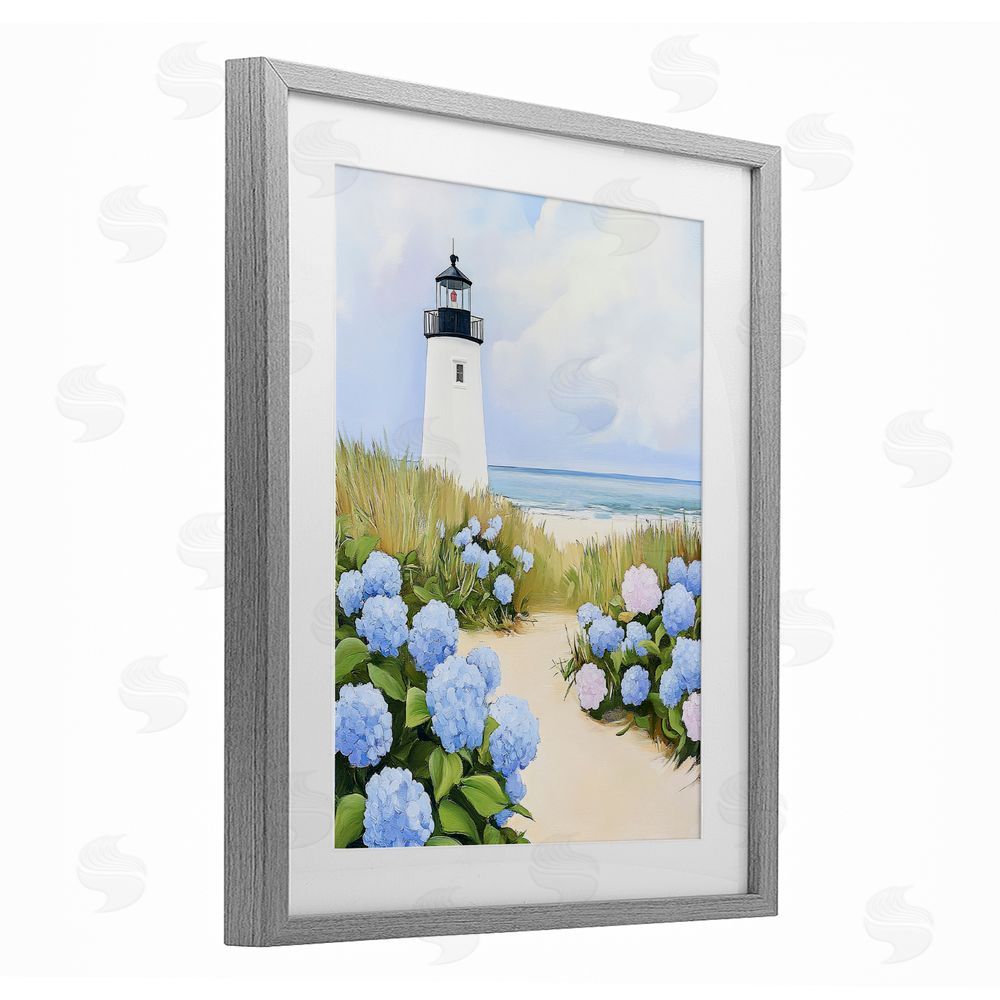 Sisi and Seb Hydrangea Path Leading to Lighthouse Gray Framed Print Under Glass Wall Art