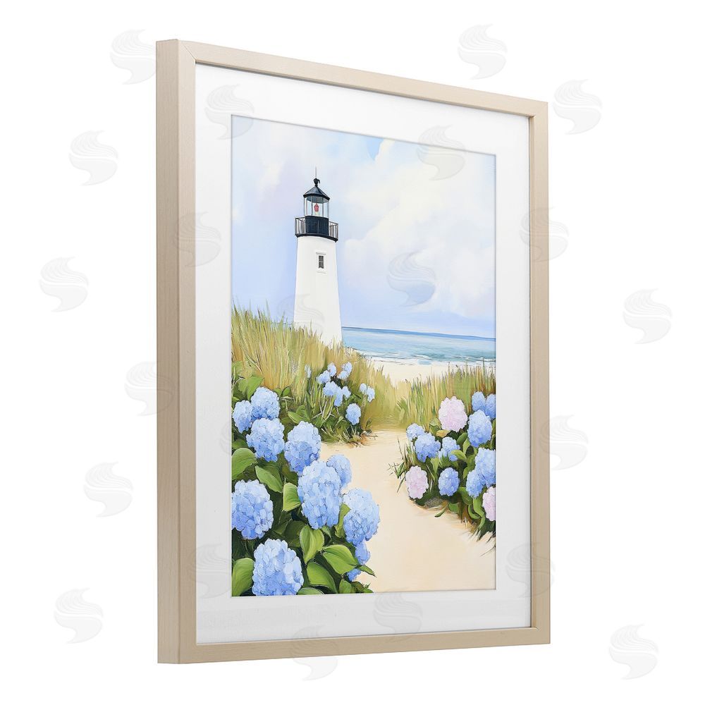 Sisi and Seb Hydrangea Path Leading to Lighthouse Brown Framed Print Under Glass Wall Art