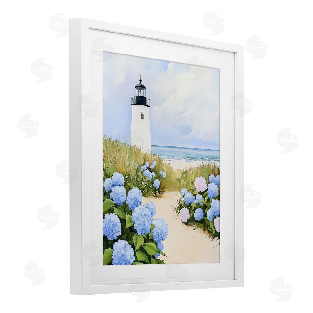 Sisi and Seb Hydrangea Path Leading to Lighthouse White Framed Print Under Glass Wall Art