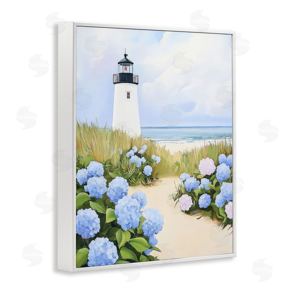 Sisi and Seb Hydrangea Path Leading to Lighthouse White Framed Giclee Wall Art