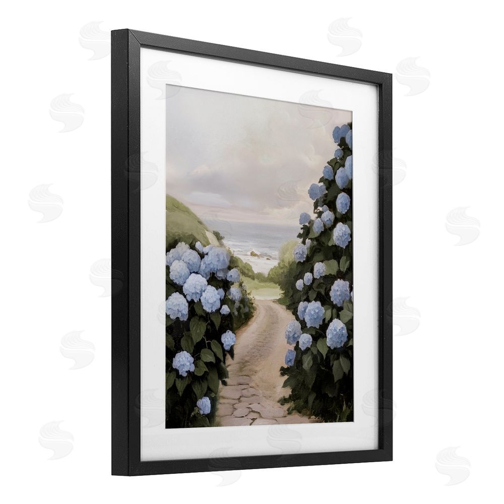 Sisi and Seb Coastal Hydrangea Pathway Black Framed Print Under Glass Wall Art