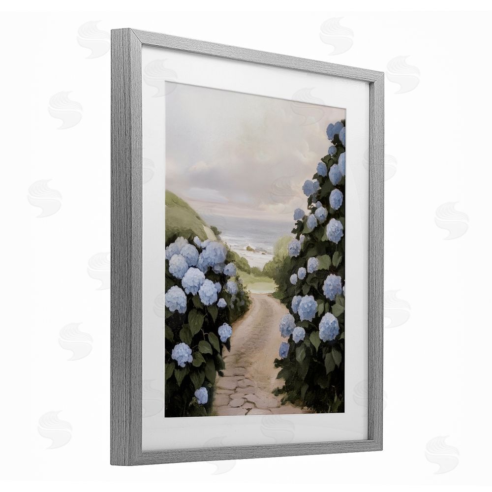 Sisi and Seb Coastal Hydrangea Pathway Gray Framed Print Under Glass Wall Art