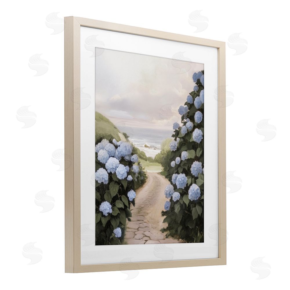 Sisi and Seb Coastal Hydrangea Pathway Brown Framed Print Under Glass Wall Art