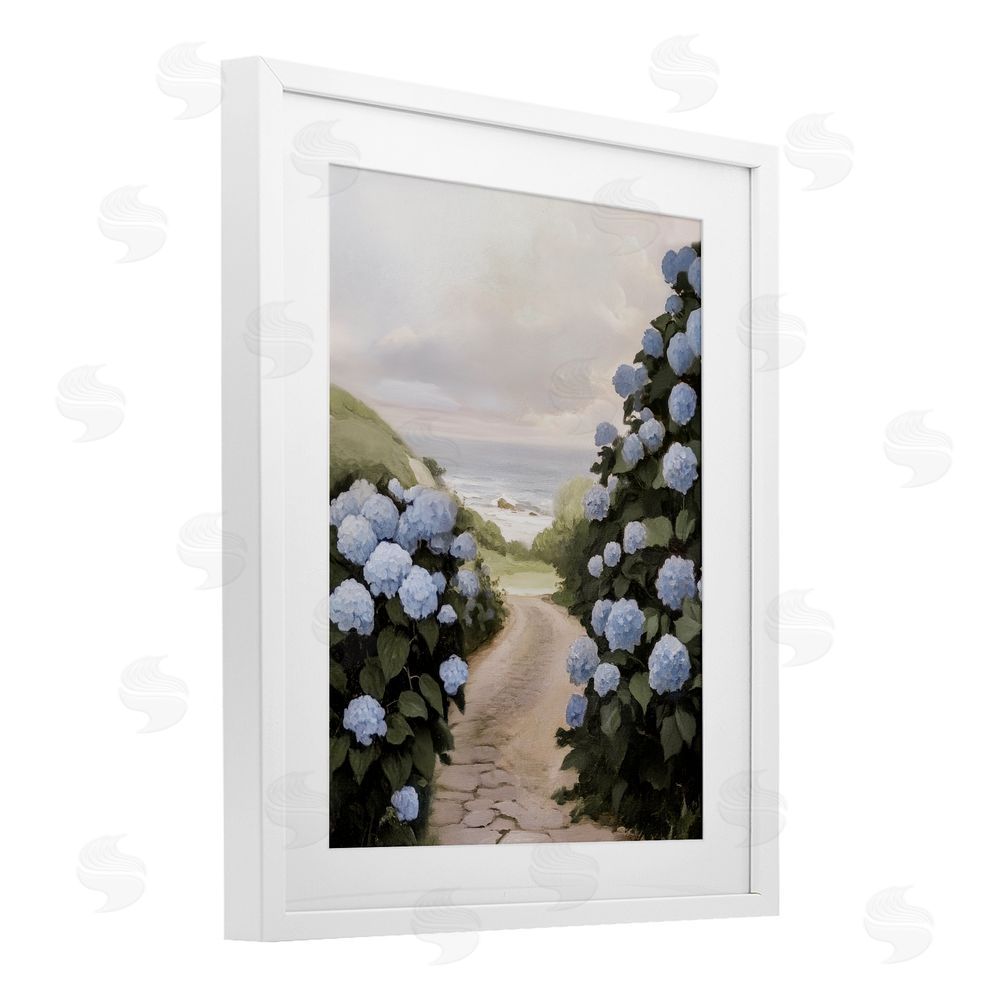 Sisi and Seb Coastal Hydrangea Pathway White Framed Print Under Glass Wall Art