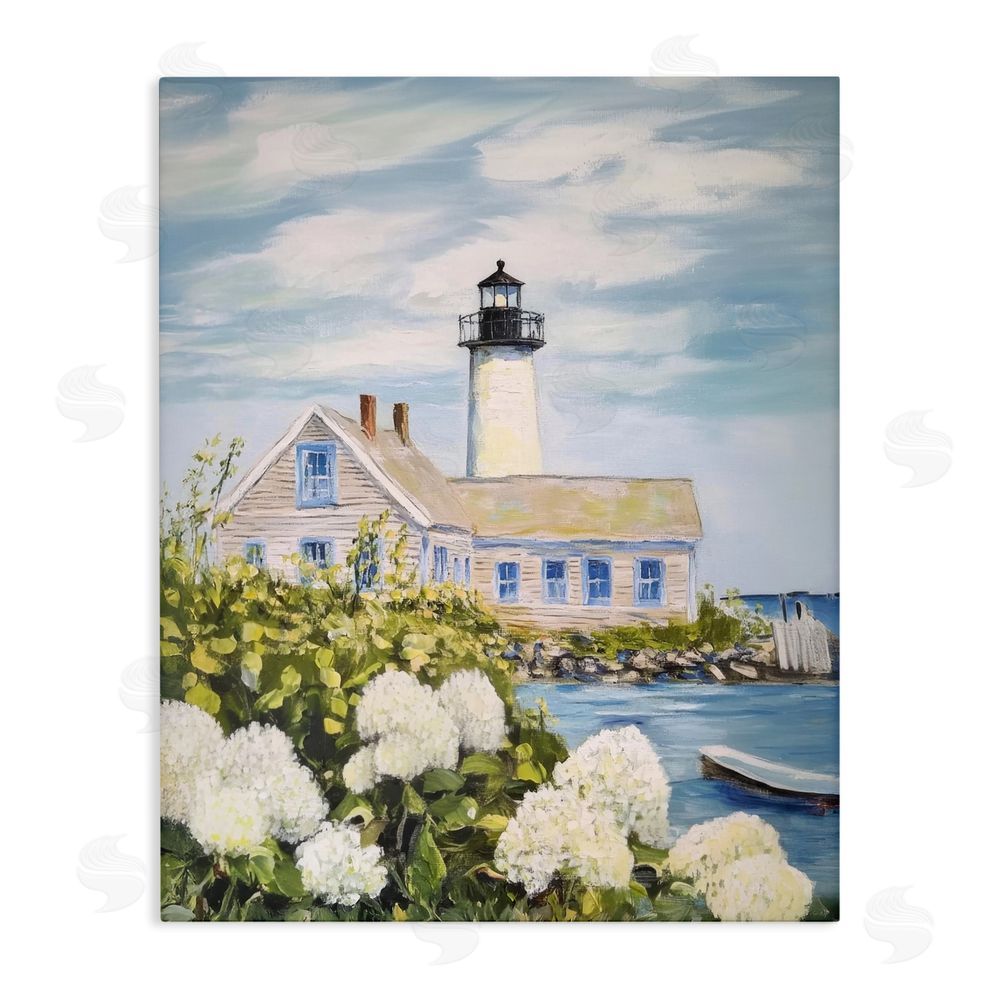 Sisi and Seb Lighthouse Scenery with Hydrangeas Stretched Canvas Wall Art