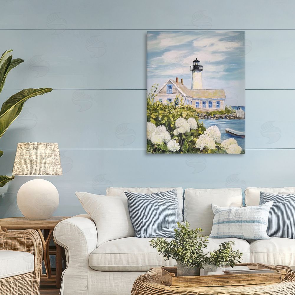 Sisi and Seb Lighthouse Scenery with Hydrangeas Stretched Canvas Wall Art in Room