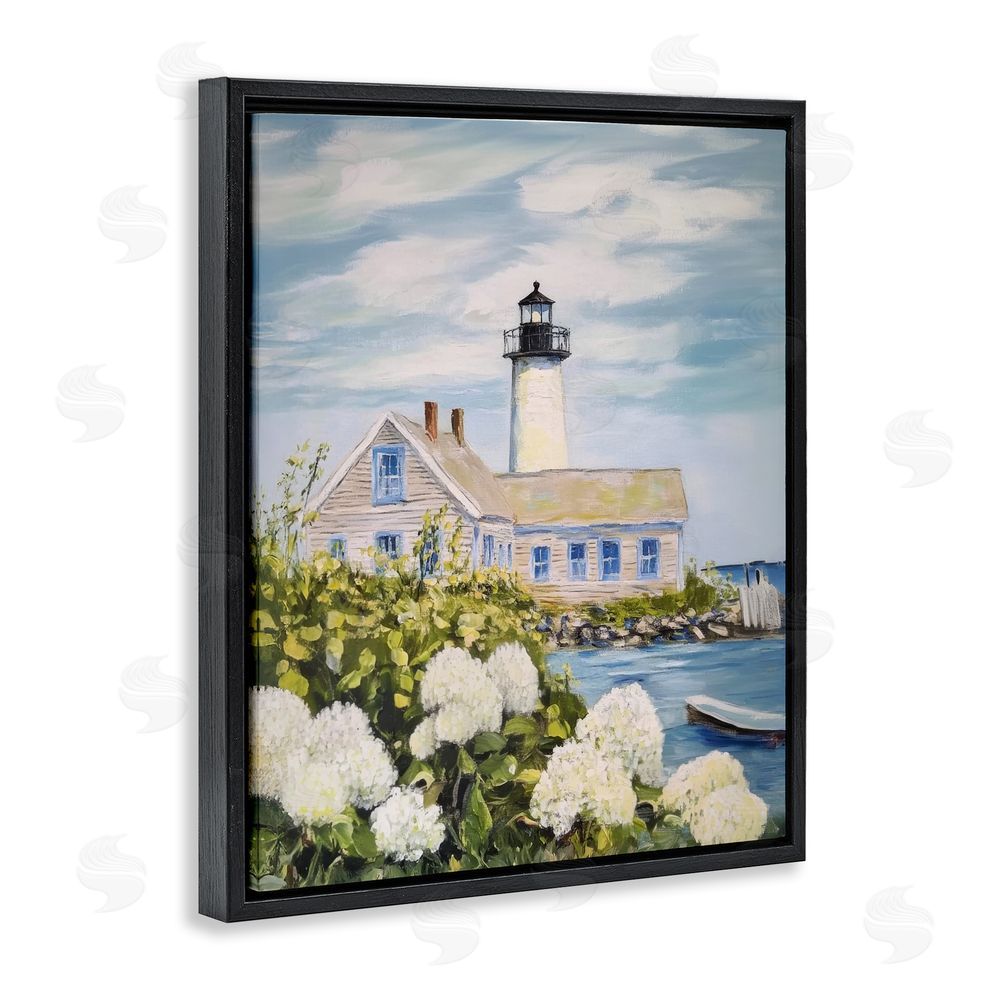 Sisi and Seb Lighthouse Scenery with Hydrangeas Black Floating Framed Canvas Wall Art