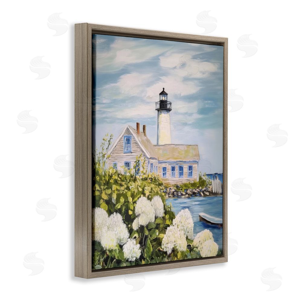 Sisi and Seb Lighthouse Scenery with Hydrangeas Brown Floating Framed Canvas Wall Art