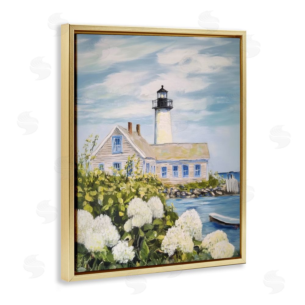 Sisi and Seb Lighthouse Scenery with Hydrangeas Gold Floating Framed Canvas Wall Art