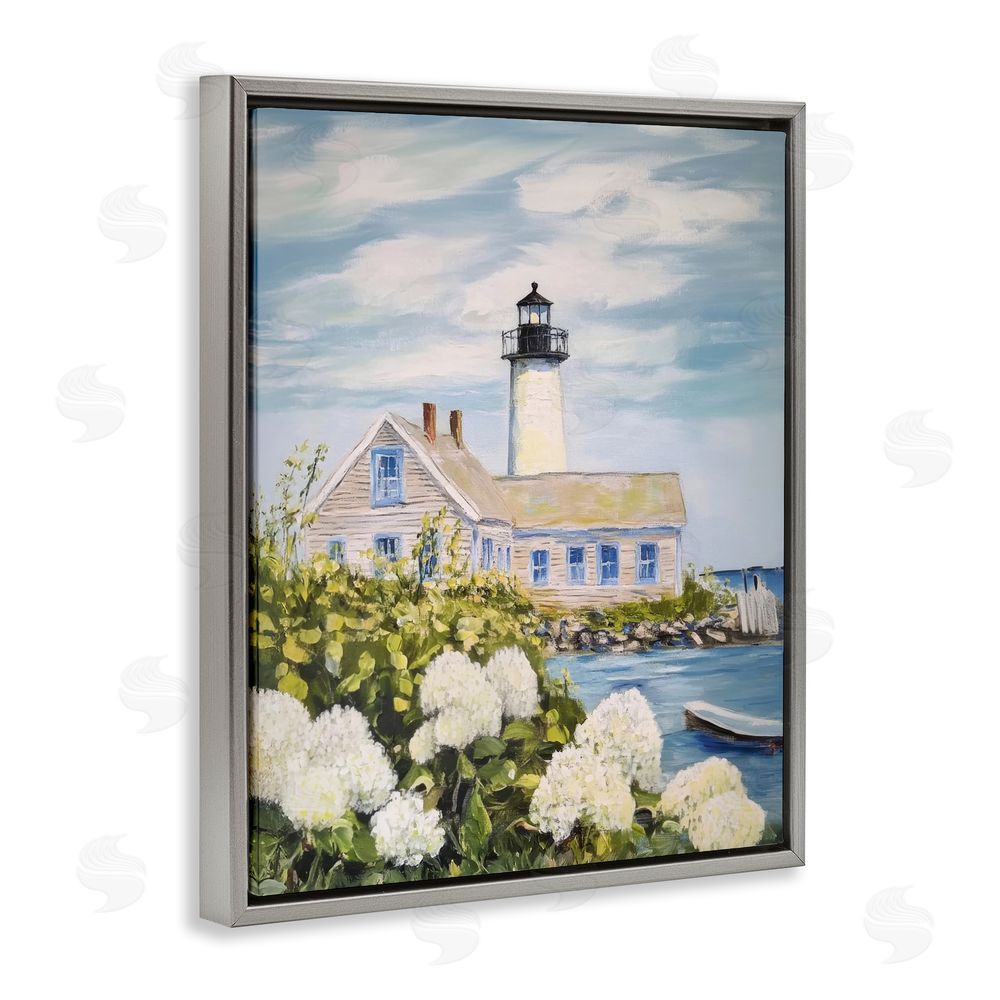 Sisi and Seb Lighthouse Scenery with Hydrangeas Gray Floating Framed Canvas Wall Art