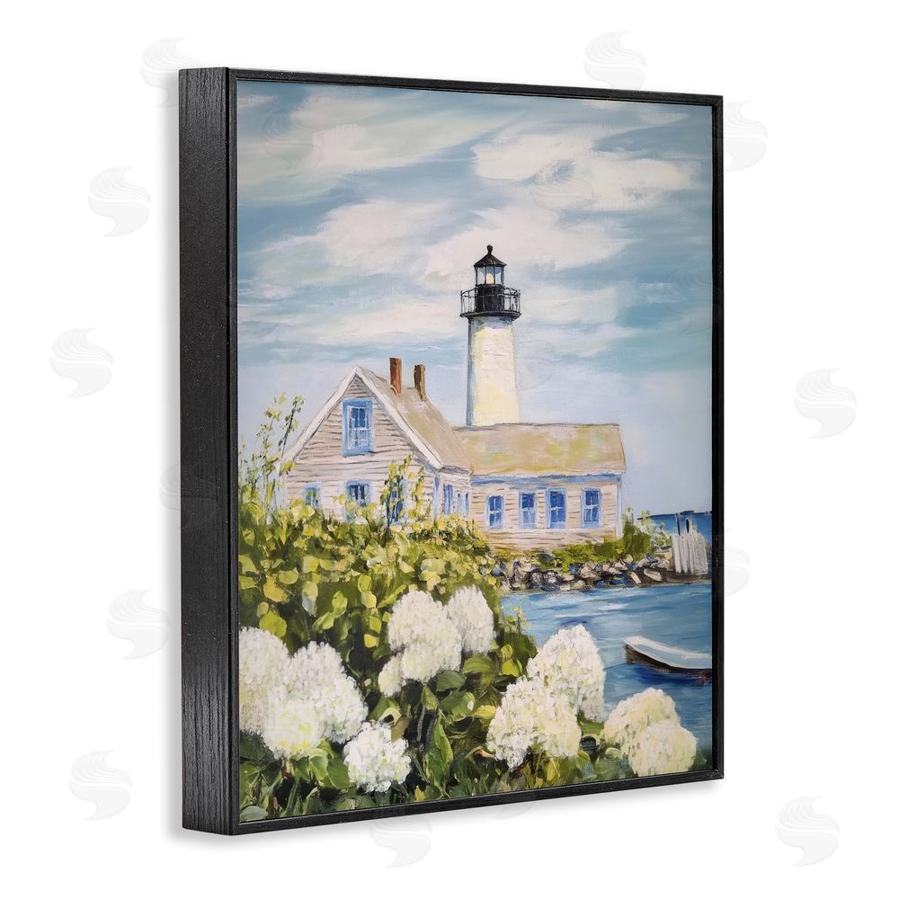 Sisi and Seb Lighthouse Scenery with Hydrangeas Black Framed Giclee Wall Art