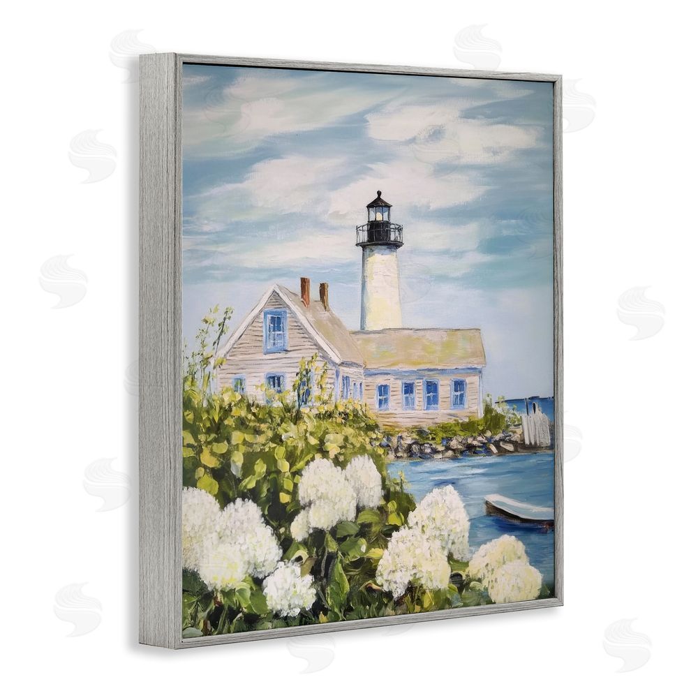 Sisi and Seb Lighthouse Scenery with Hydrangeas Gray Framed Giclee Wall Art