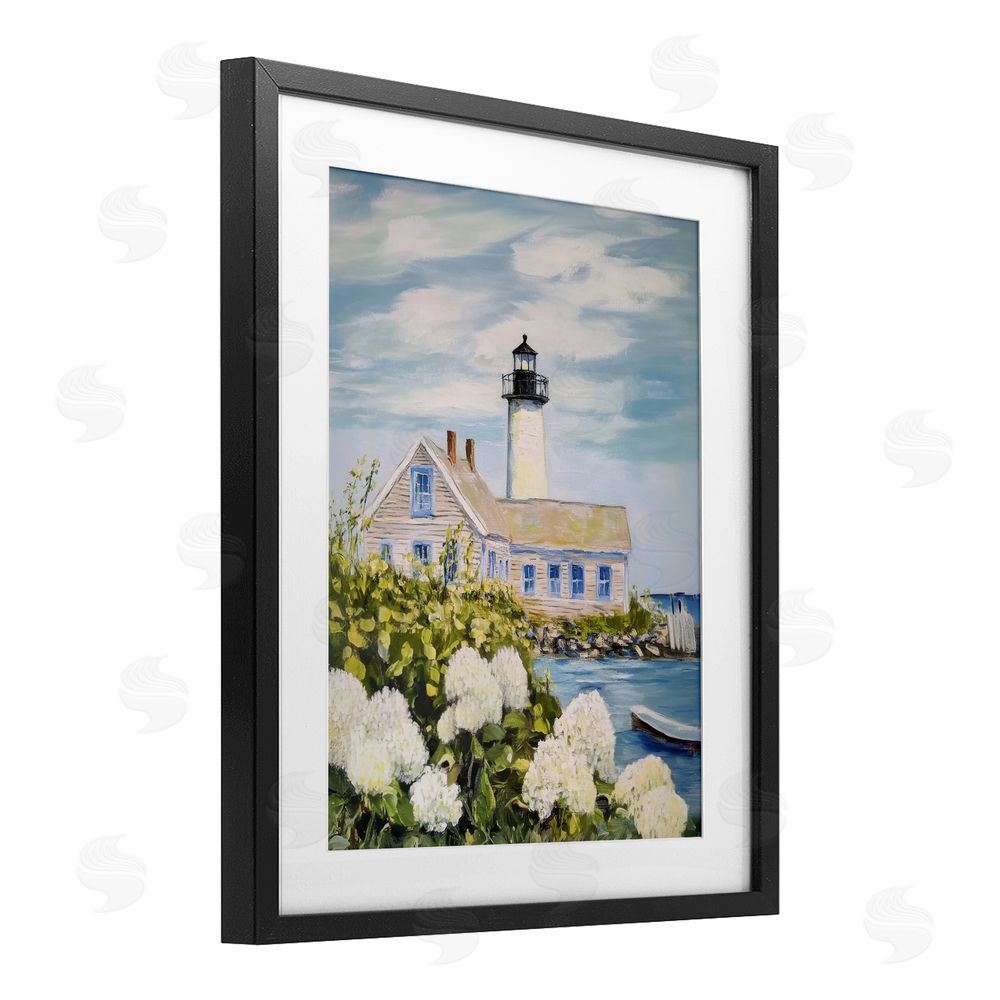 Sisi and Seb Lighthouse Scenery with Hydrangeas Black Framed Print Under Glass Wall Art