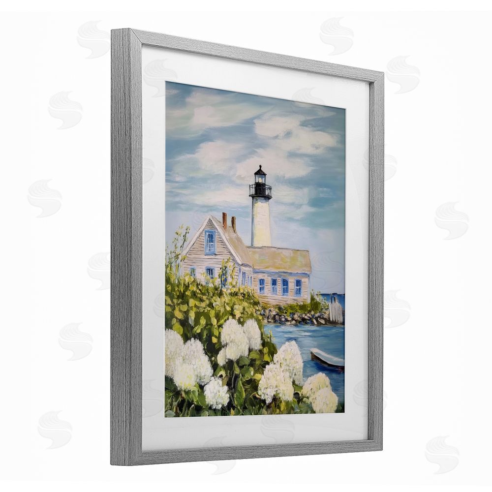 Sisi and Seb Lighthouse Scenery with Hydrangeas Gray Framed Print Under Glass Wall Art