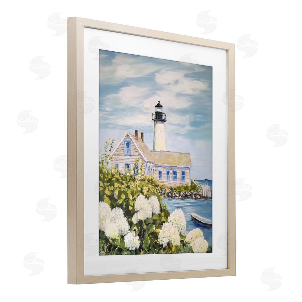 Sisi and Seb Lighthouse Scenery with Hydrangeas Brown Framed Print Under Glass Wall Art