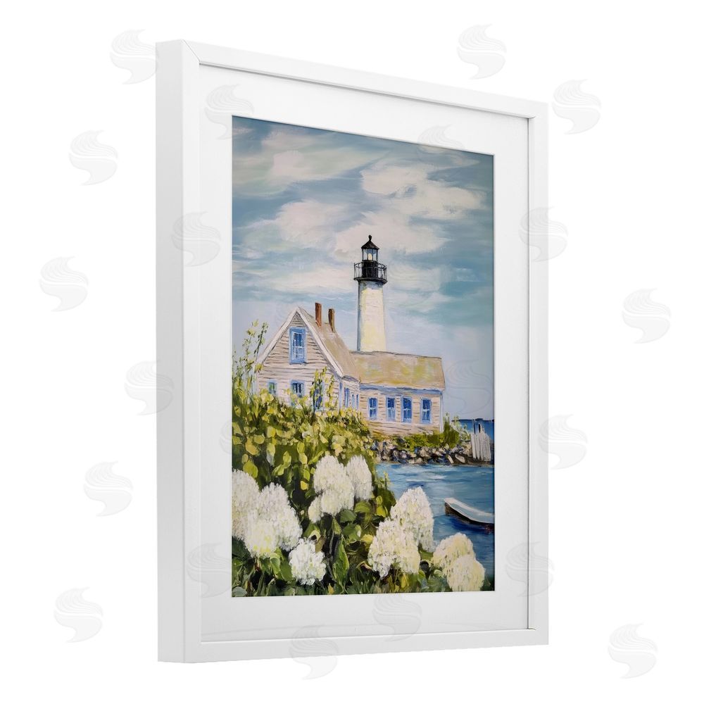 Sisi and Seb Lighthouse Scenery with Hydrangeas White Framed Print Under Glass Wall Art