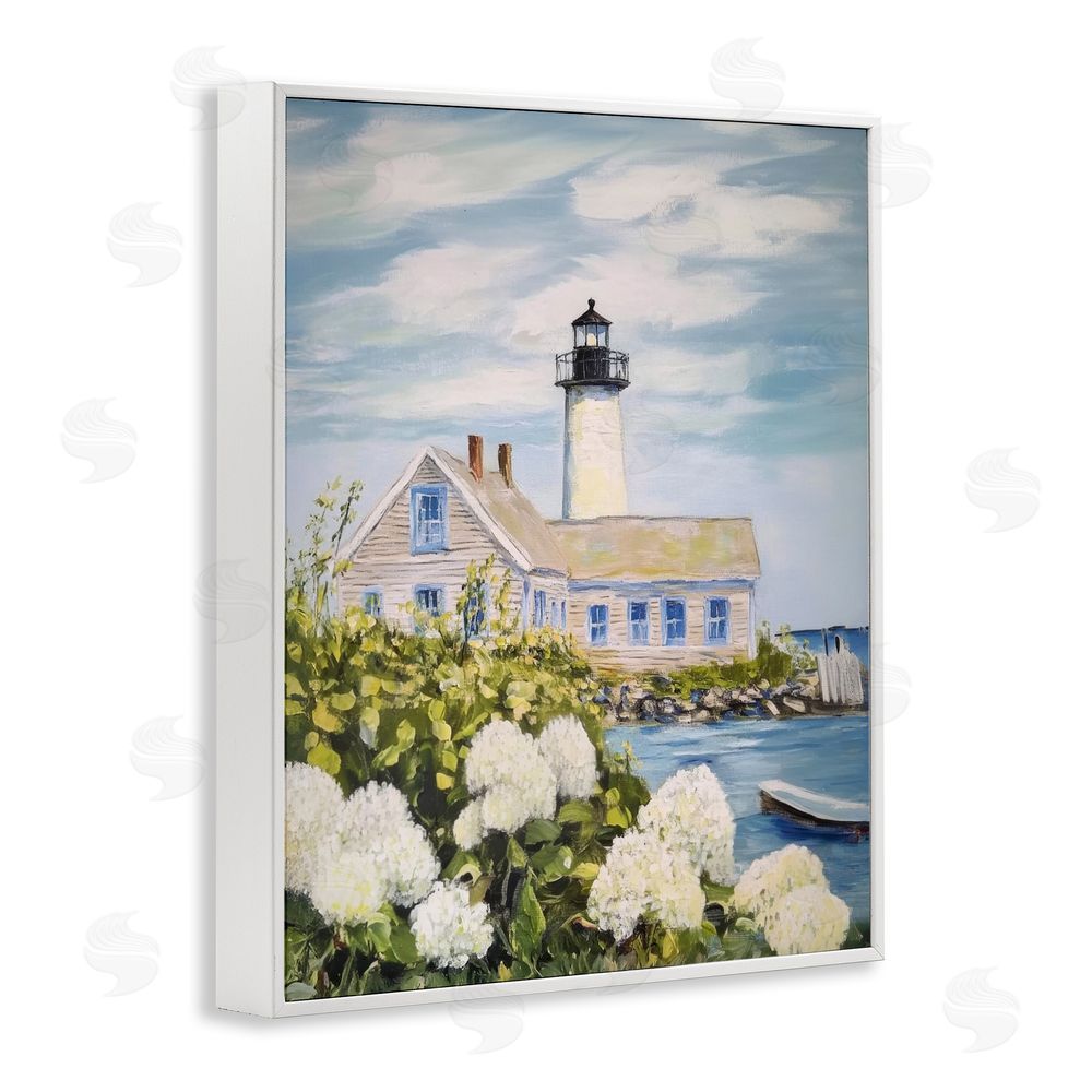 Sisi and Seb Lighthouse Scenery with Hydrangeas White Framed Giclee Wall Art