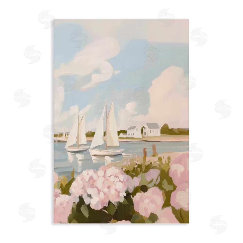 Sisi and Seb Pink Hydrangeas with Sailboats Stretched Canvas Wall Art
