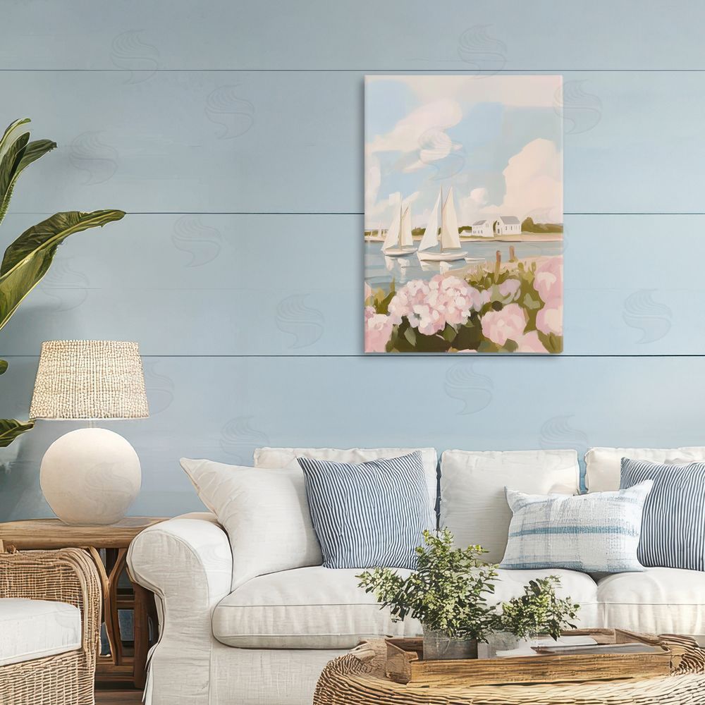 Sisi and Seb Pink Hydrangeas with Sailboats Stretched Canvas Wall Art in Room