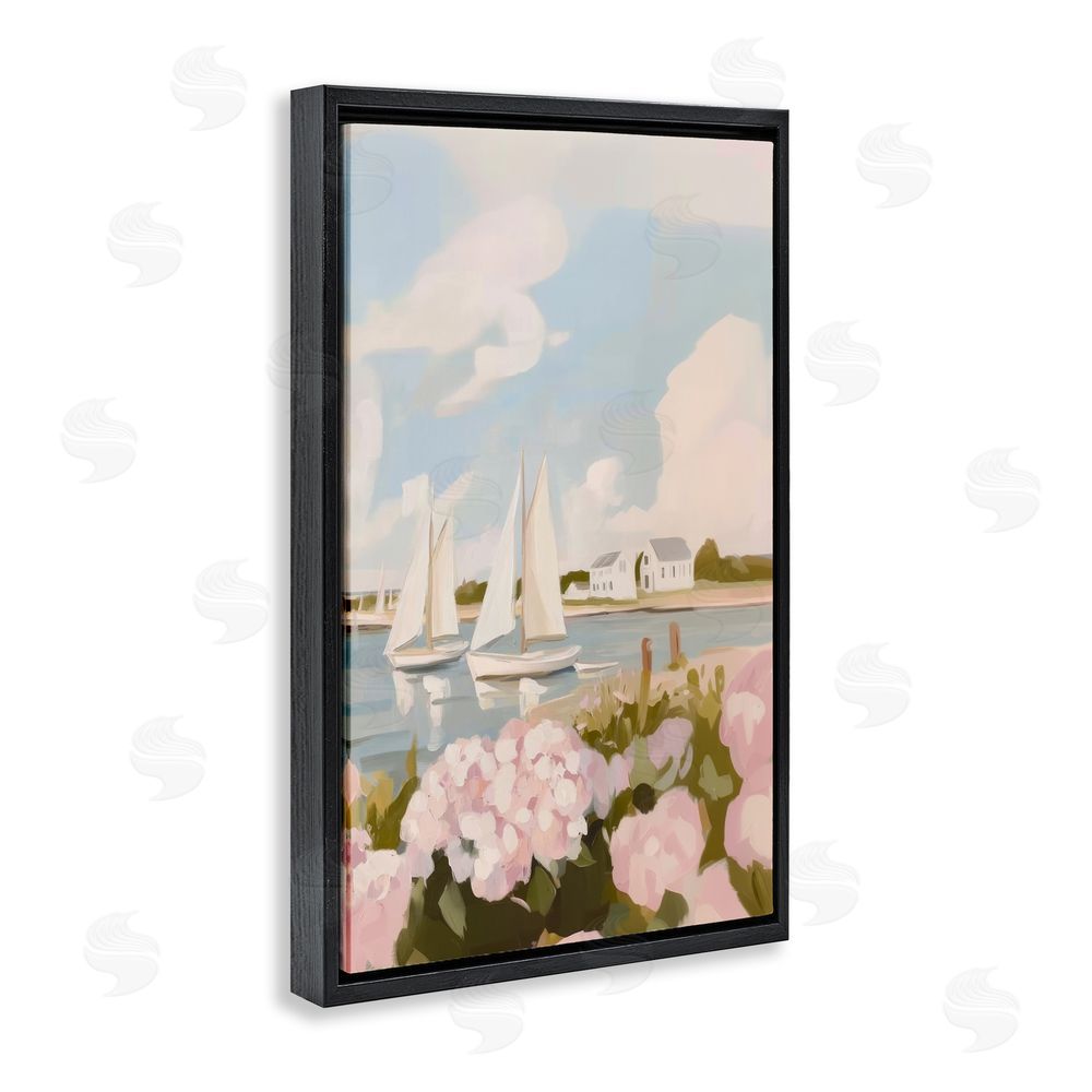 Sisi and Seb Pink Hydrangeas with Sailboats Black Floating Framed Canvas Wall Art