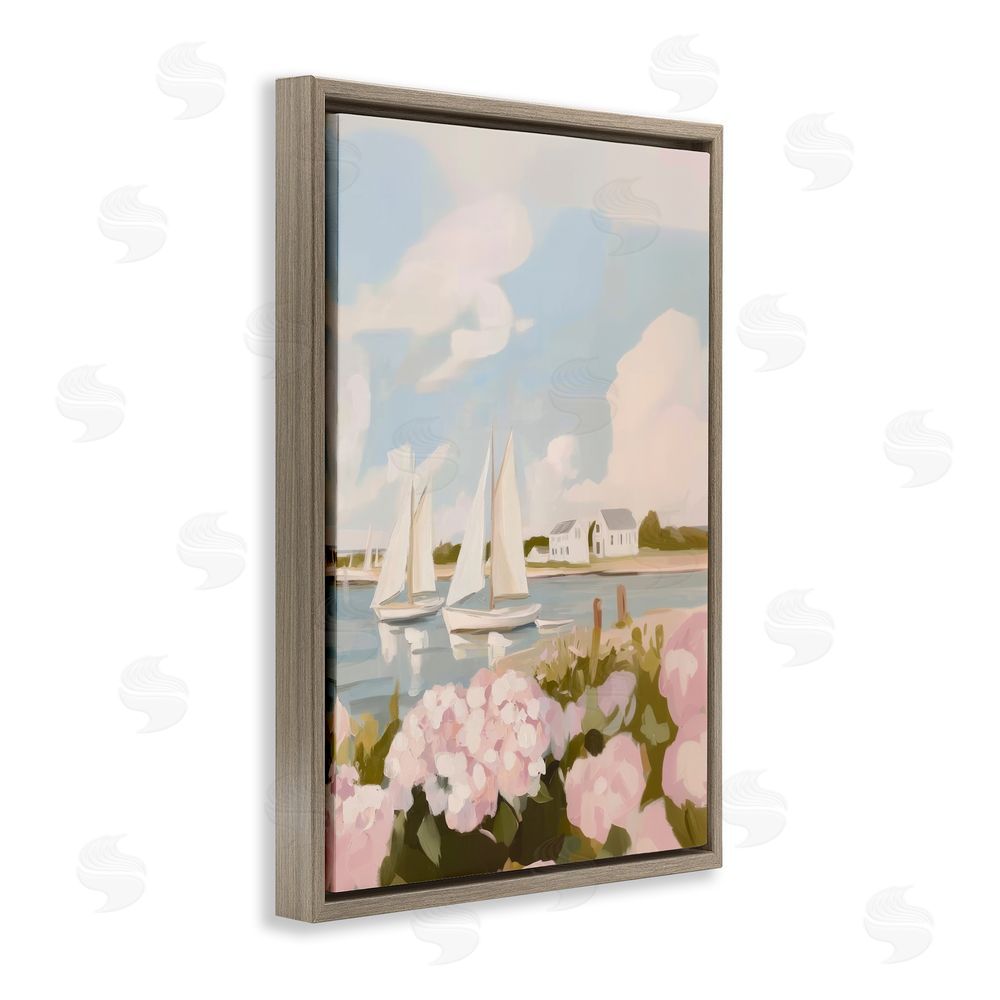 Sisi and Seb Pink Hydrangeas with Sailboats Brown Floating Framed Canvas Wall Art