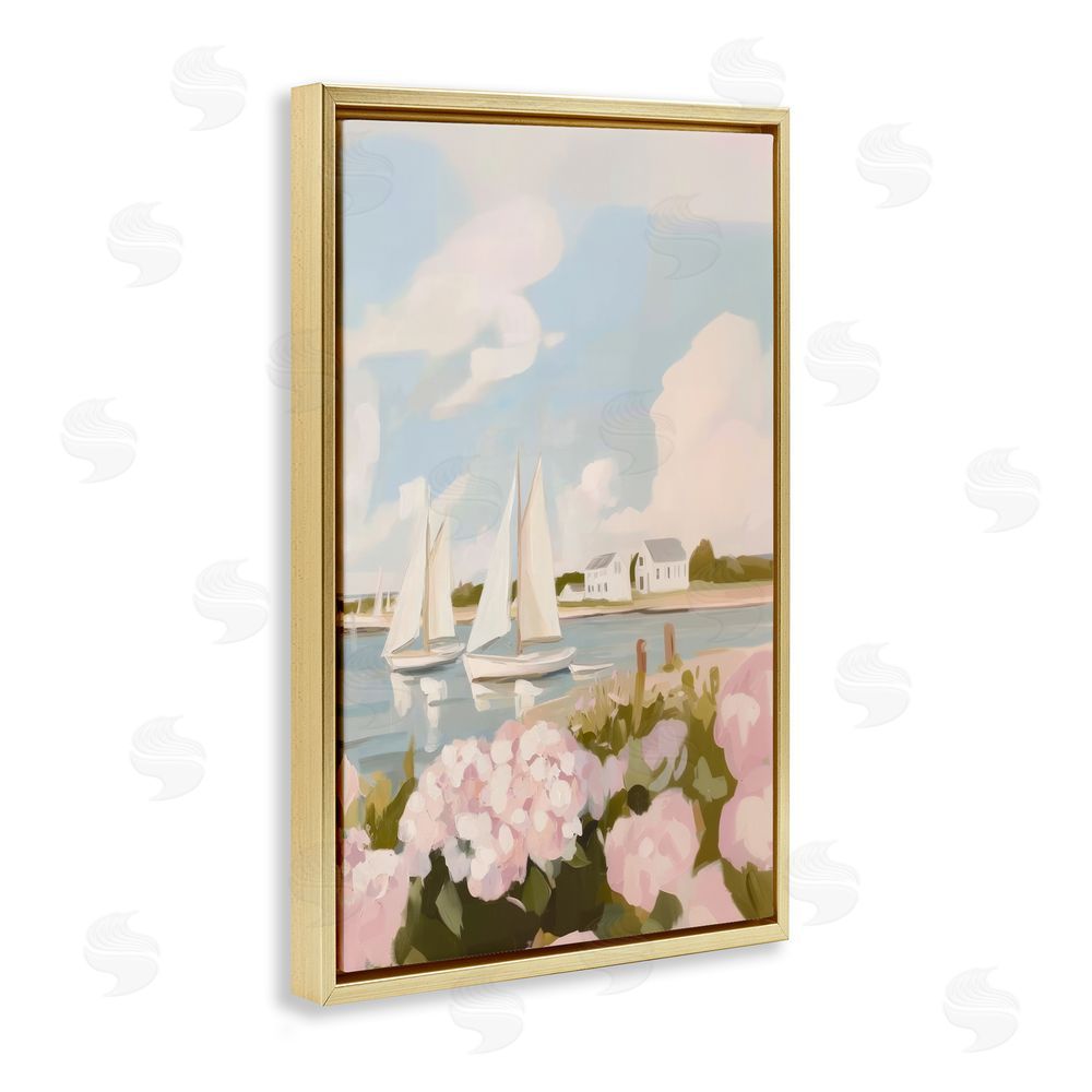 Sisi and Seb Pink Hydrangeas with Sailboats Gold Floating Framed Canvas Wall Art