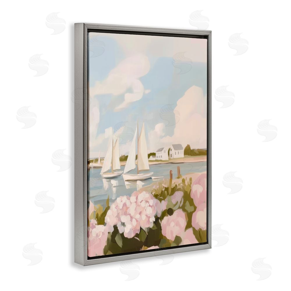 Sisi and Seb Pink Hydrangeas with Sailboats Gray Floating Framed Canvas Wall Art