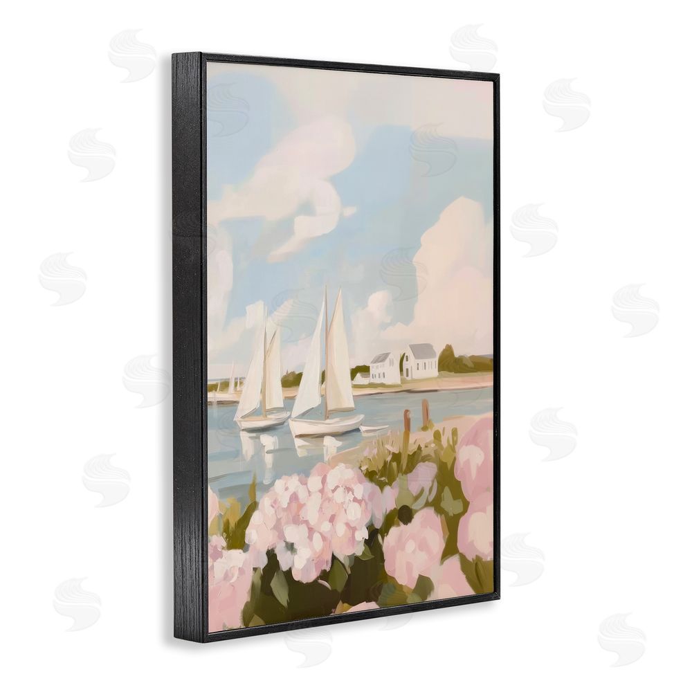 Sisi and Seb Pink Hydrangeas with Sailboats Black Framed Giclee Wall Art