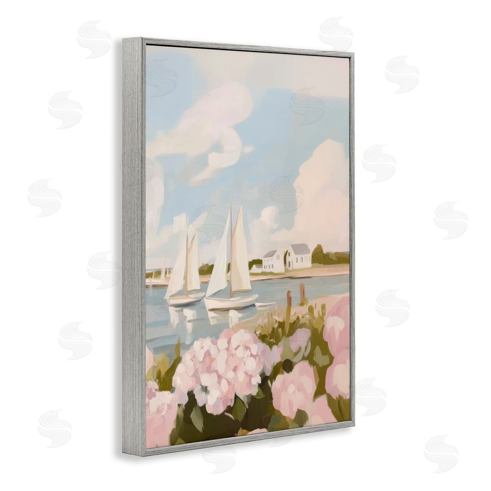 Sisi and Seb Pink Hydrangeas with Sailboats Gray Framed Giclee Wall Art