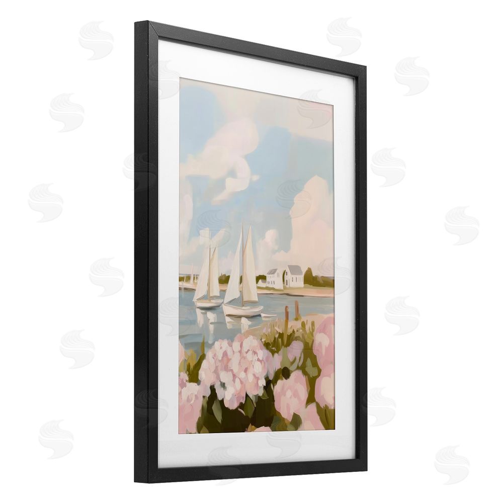 Sisi and Seb Pink Hydrangeas with Sailboats Black Framed Print Under Glass Wall Art