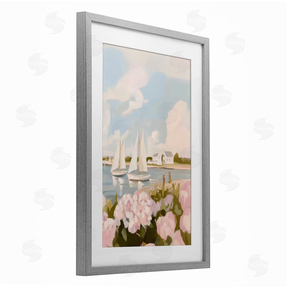 Sisi and Seb Pink Hydrangeas with Sailboats Gray Framed Print Under Glass Wall Art