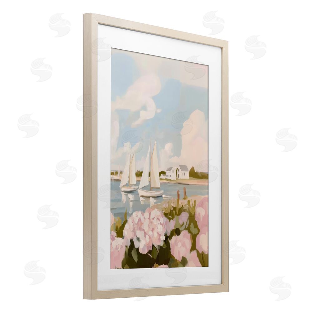 Sisi and Seb Pink Hydrangeas with Sailboats Brown Framed Print Under Glass Wall Art
