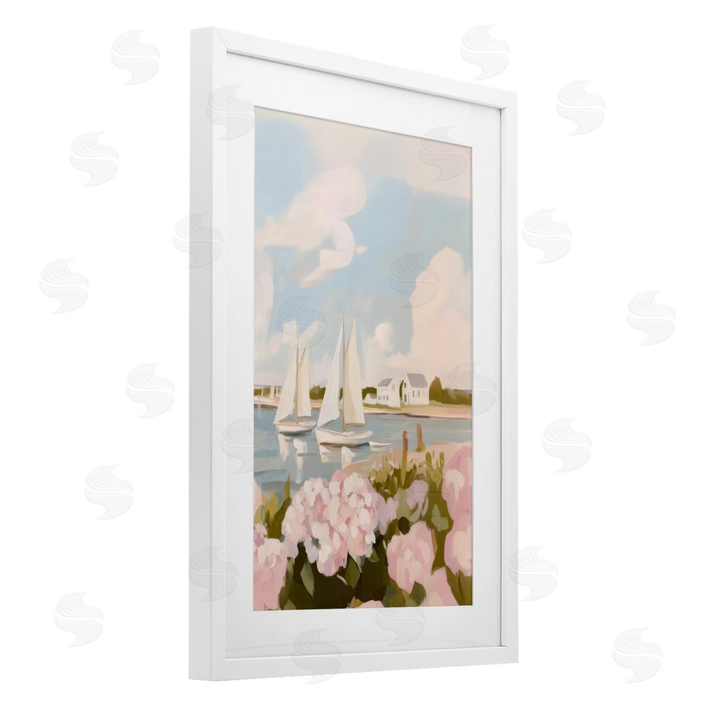 Sisi and Seb Pink Hydrangeas with Sailboats White Framed Print Under Glass Wall Art