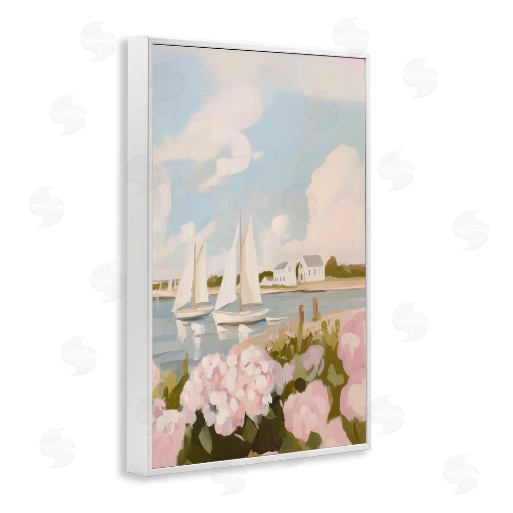 Sisi and Seb Pink Hydrangeas with Sailboats White Framed Giclee Wall Art