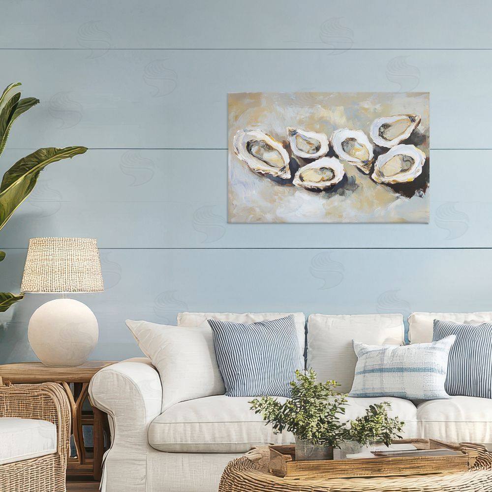 Sisi and Seb Line of Oysters in Neutrals Stretched Canvas Wall Art in Room