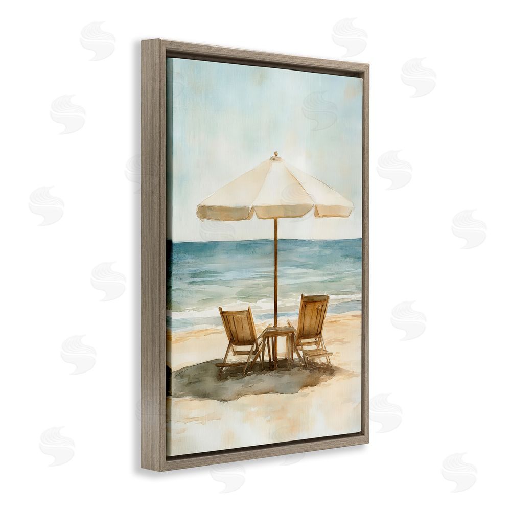 Petal Prints Design Watercolor Paradise Seaside Retreat Brown Floating Framed Canvas Wall Art Print