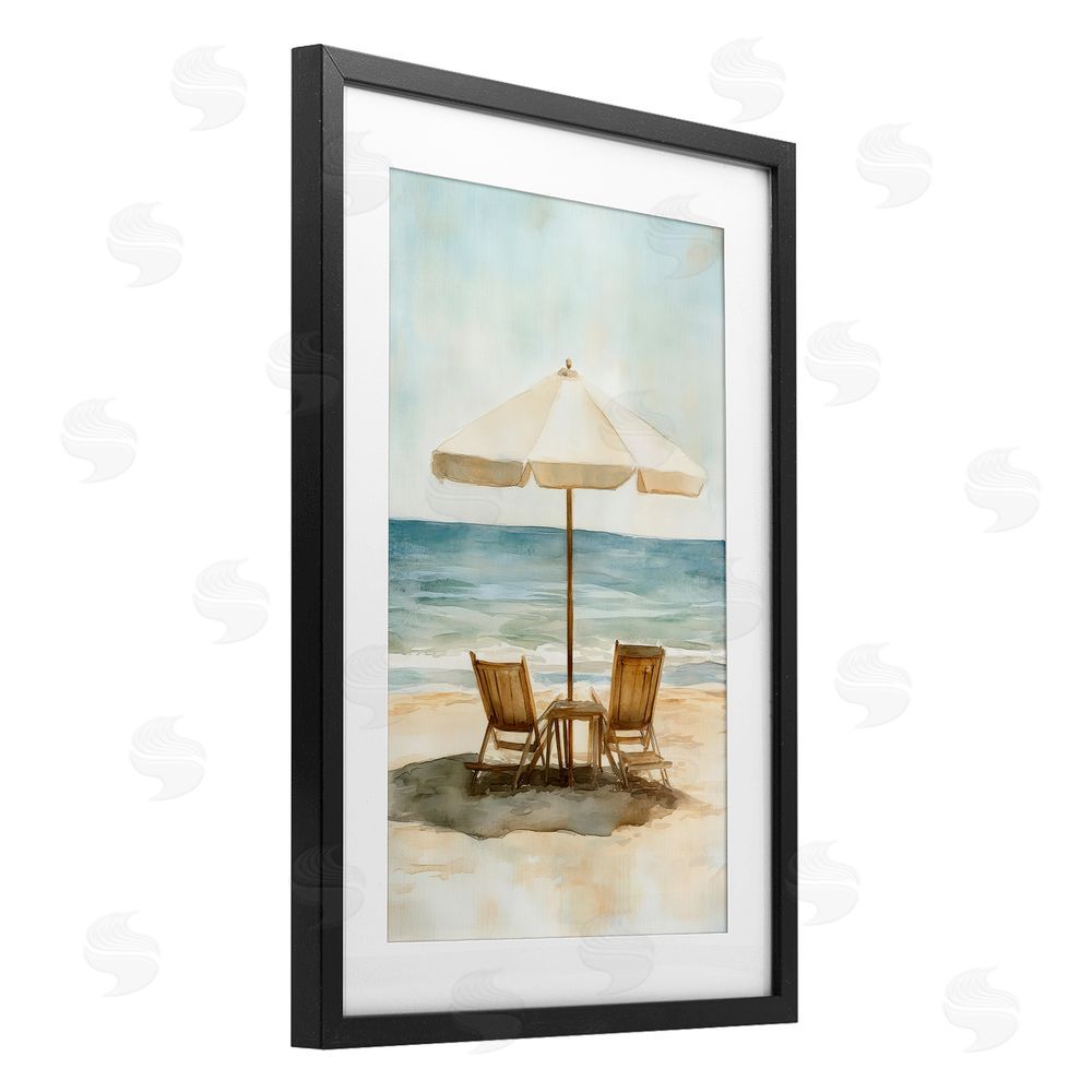 Petal Prints Design Watercolor Paradise Seaside Retreat Black Framed Print Under Glass with White Mat Wall Art