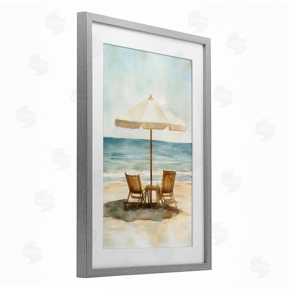 Petal Prints Design Watercolor Paradise Seaside Retreat Gray Framed Print Under Glass with White Mat Wall Art