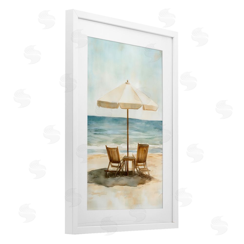 Petal Prints Design Watercolor Paradise Seaside Retreat White Framed Print Under Glass with White Mat Wall Art