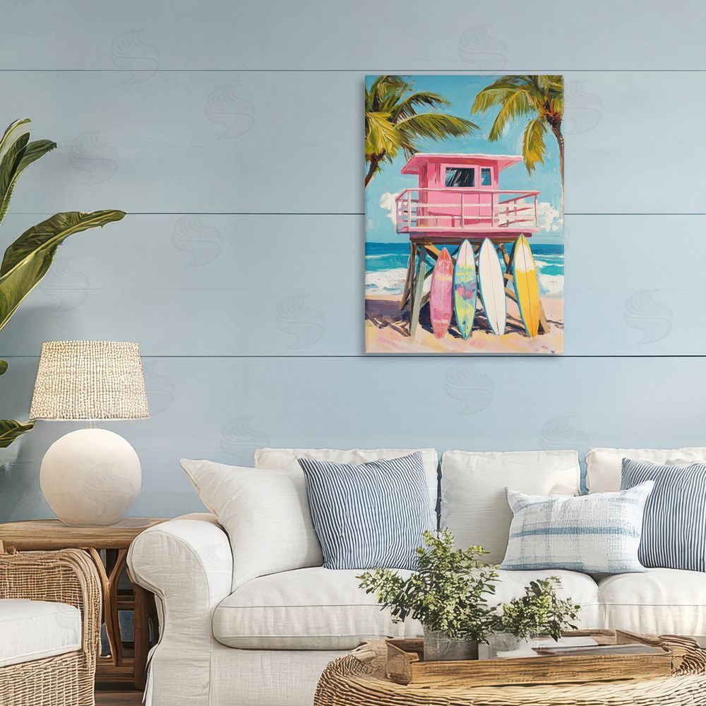 Petal Prints Design High Pink Surf Shack Stretched Canvas Wall Art in Room