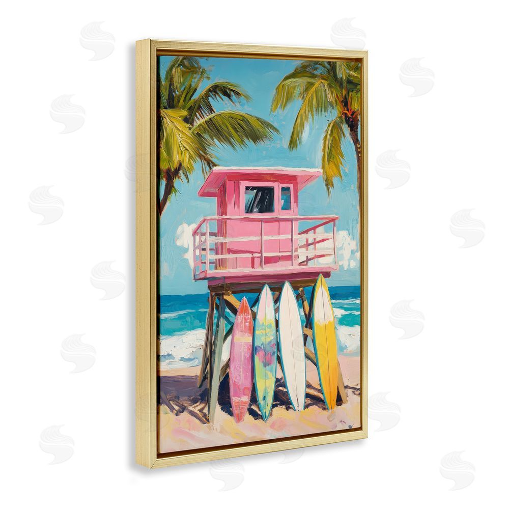 Petal Prints Design High Pink Surf Shack Gold Floating Framed Canvas Wall Art