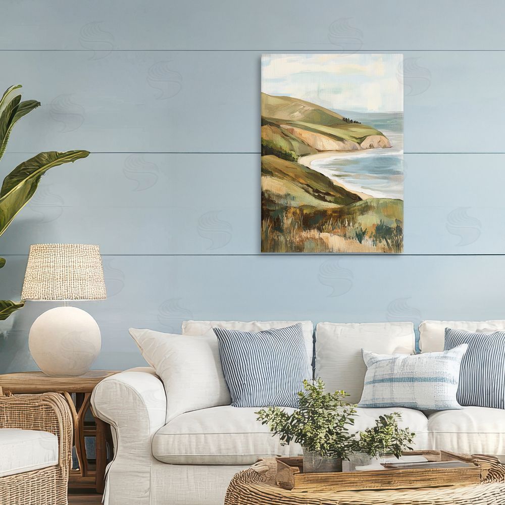 Petal Prints Design Painted Cliffside Coastal Morning Light Stretched Canvas Wall Art in Room