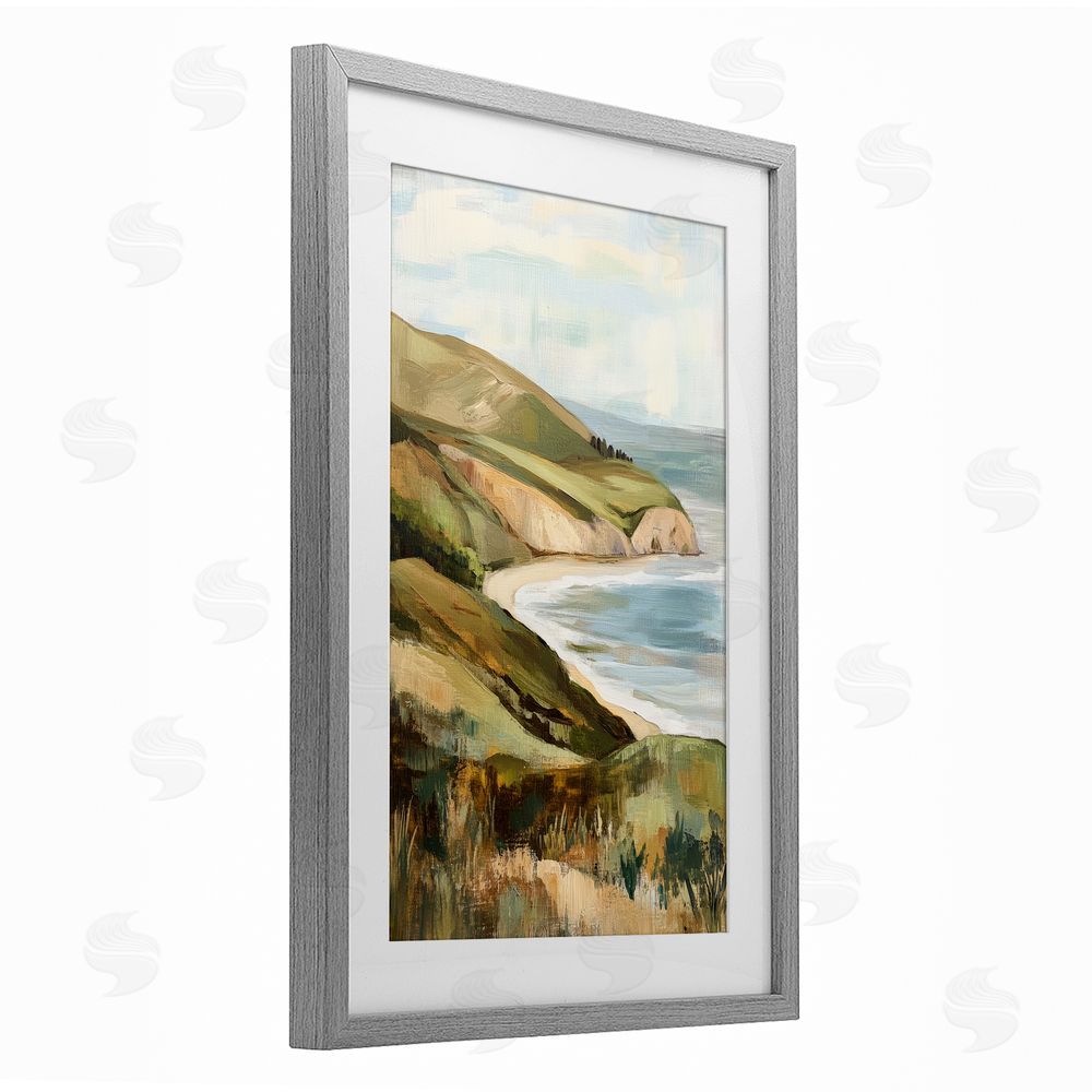 Petal Prints Design Painted Cliffside Coastal Morning Light Gray Framed Print Under Glass Wall Art