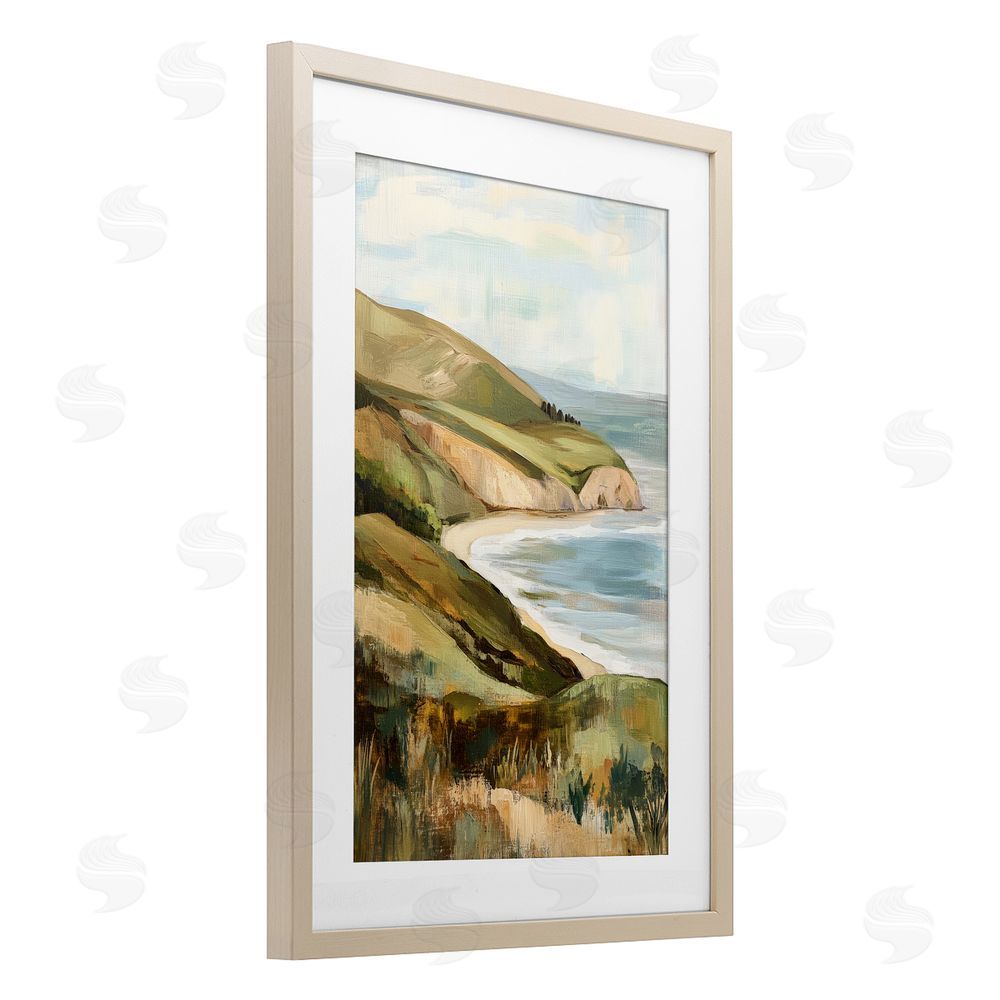 Petal Prints Design Painted Cliffside Coastal Morning Light Brown Framed Print Under Glass Wall Art