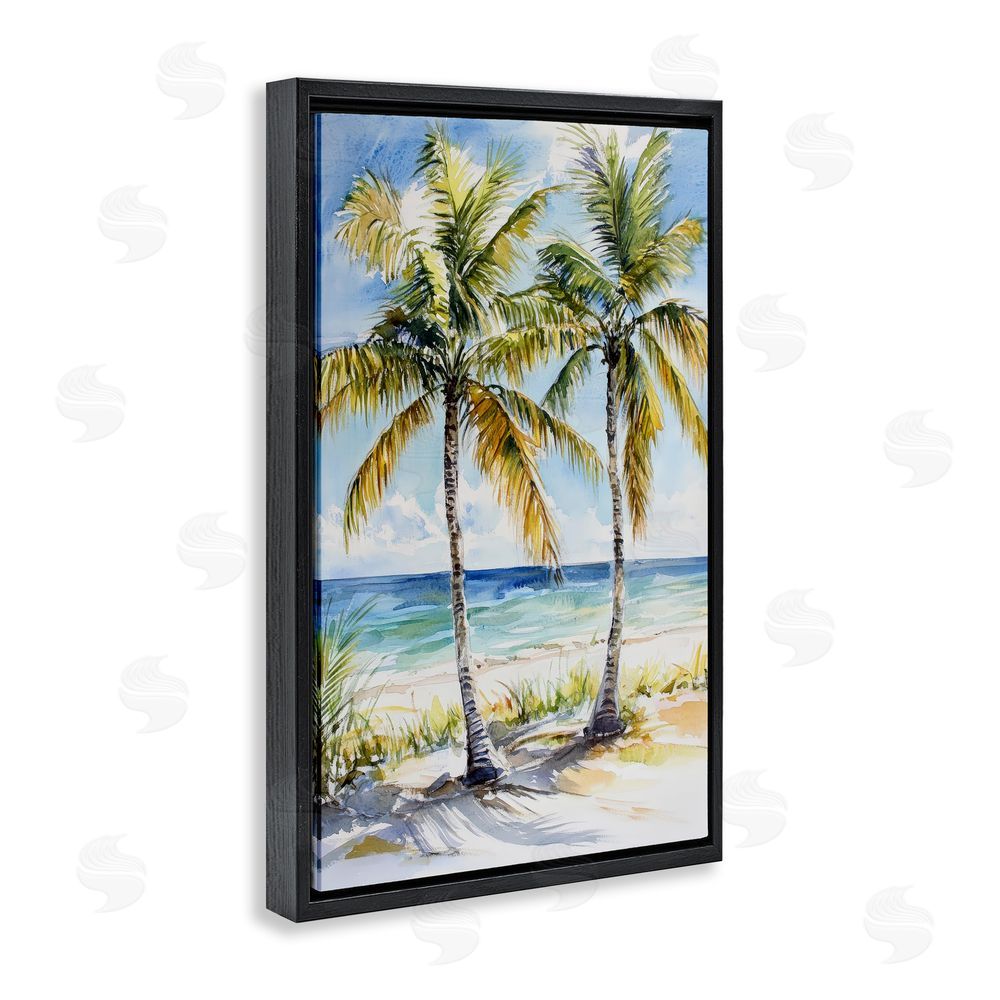 Petal Prints Design Sandy Palms Duo Ocean View Black Floating Framed Canvas Wall Art Print
