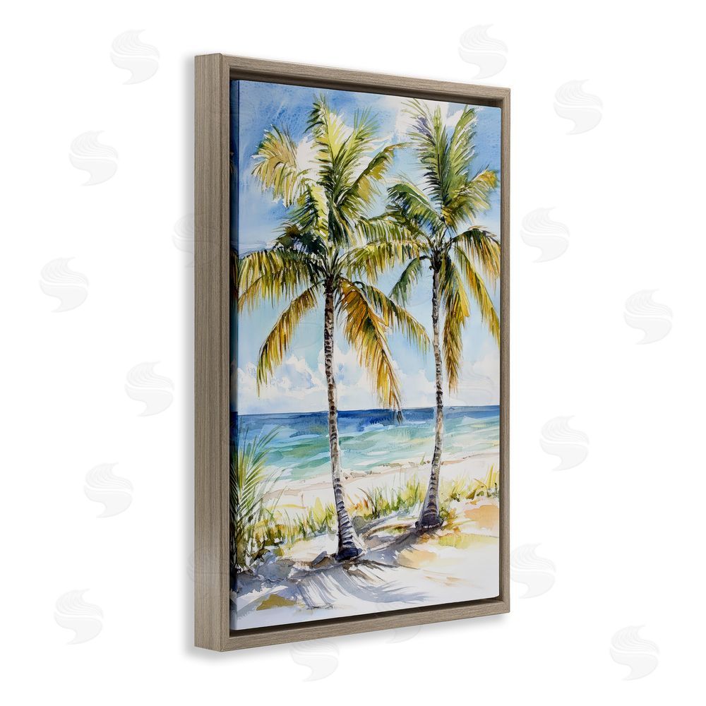 Petal Prints Design Sandy Palms Duo Ocean View Brown Floating Framed Canvas Wall Art Print