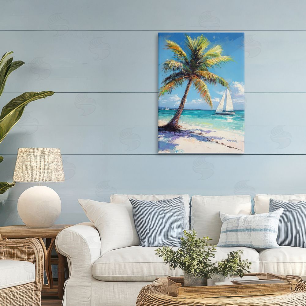 Petal Prints Design Palms & Sails Beach View Stretched Canvas Wall Art in Room