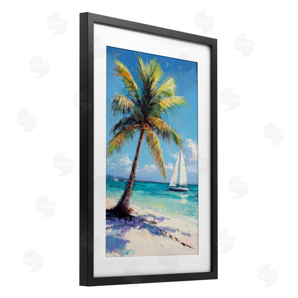 Petal Prints Design Palms & Sails Beach View Black Framed Print Under Glass Wall Art